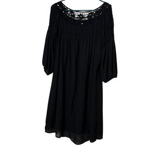 Pink Rose Plus 1X Black Chiffon Dress Crochet Lace Yoke Shirring 3/4 Sleeve